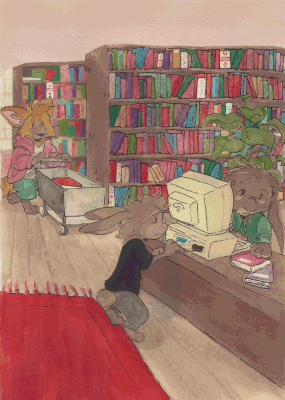 Kevin returning with the book cart as Theo checks out Gonzo's books